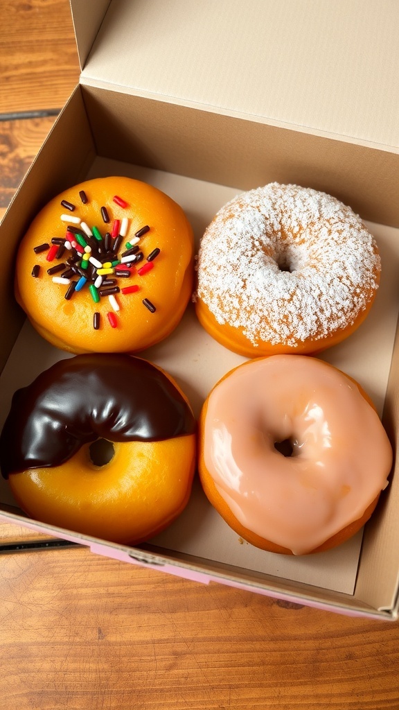 A box of 4 assorted donuts with chocolate glaze, powdered sugar, and cinnamon sugar on a wooden table.
